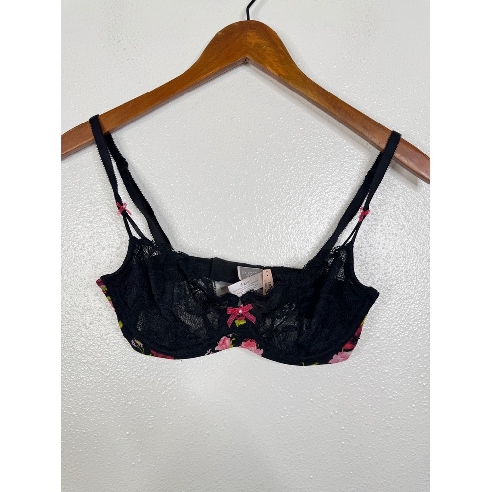 Victoria's Secret Unlined Demi Bra 32D Black Lace Pink Floral Underwire 10840106